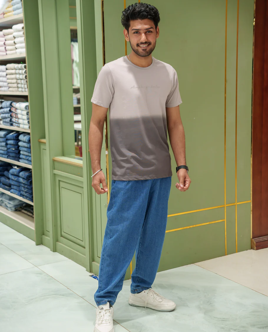 Grey Cotton-Blended Ombre-Dyed T-Shirt Comes with Typographic Print, Crew Neck, Half Sleeves, Slim Fit, and Regular Length - Image 2