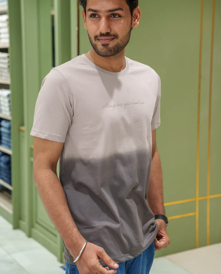 Grey Cotton-Blended Ombre-Dyed T-Shirt Comes with Typographic Print, Crew Neck, Half Sleeves, Slim Fit, and Regular Length - Image 3