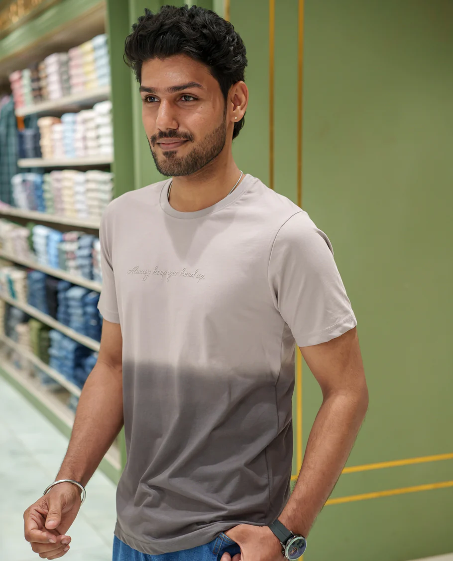 Grey Cotton-Blended Ombre-Dyed T-Shirt Comes with Typographic Print, Crew Neck, Half Sleeves, Slim Fit, and Regular Length - Image 4