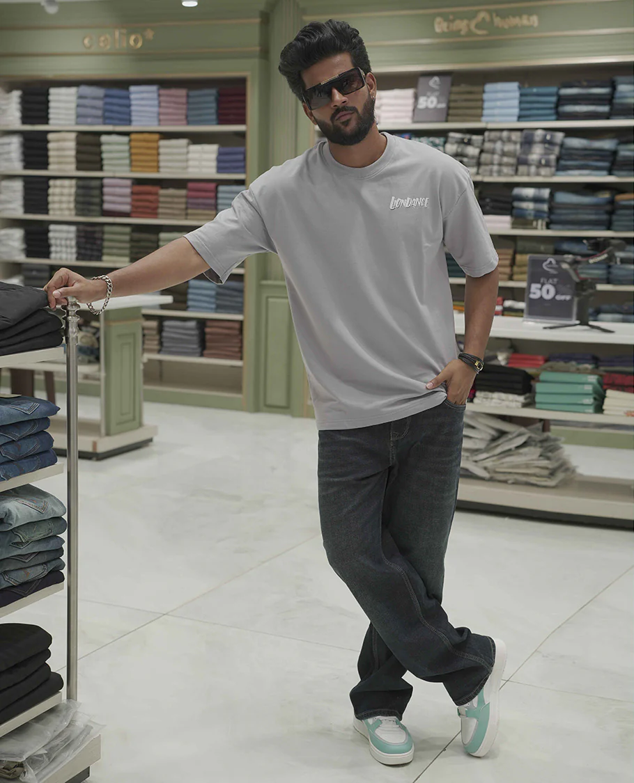 Grey Cotton-Blended Oversized T-Shirt, Elevated with Multi-Color Funky Motifs Front and Back Print, Comes with a Crew-Neck, Half-Sleeves, and Long Length - Image 3