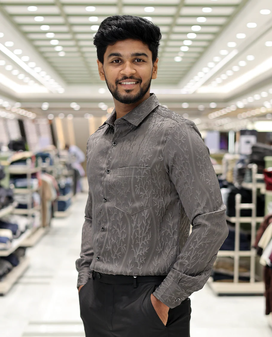 Grey Cotton-Blended Party Wear Shirt, Comes with Floral Vine Texture, Full Sleeves, a Spread Collar, a Slim Fit, and Regular Length - Image 2