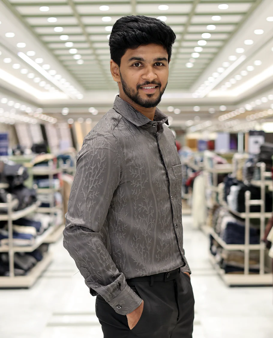 Grey Cotton-Blended Party Wear Shirt, Comes with Floral Vine Texture, Full Sleeves, a Spread Collar, a Slim Fit, and Regular Length - Image 3