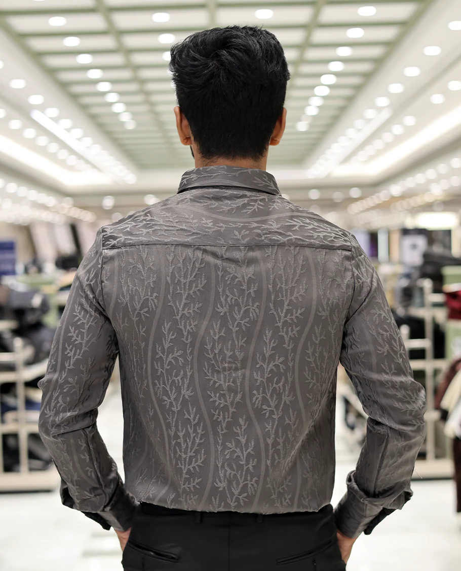 Grey Cotton-Blended Party Wear Shirt, Comes with Floral Vine Texture, Full Sleeves, a Spread Collar, a Slim Fit, and Regular Length - Image 4