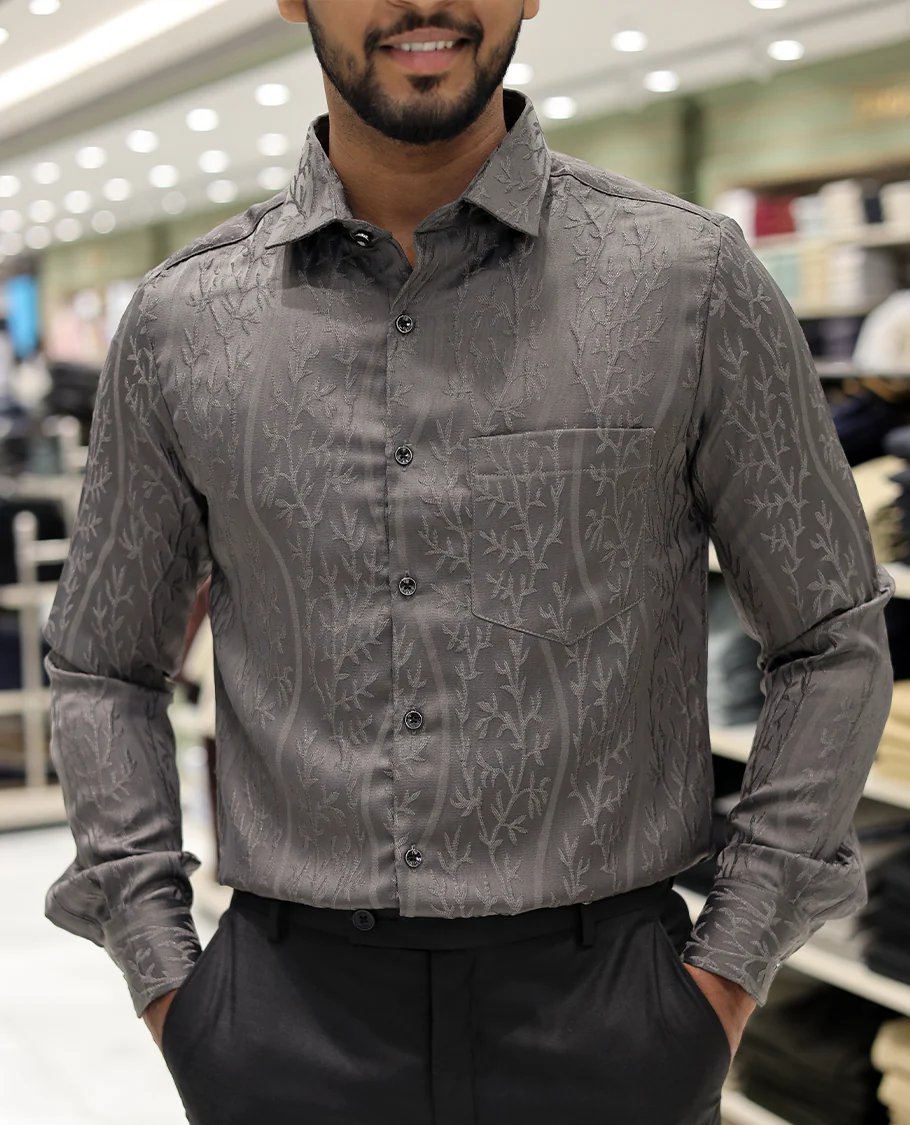 Grey Cotton-Blended Party Wear Shirt, Comes with Floral Vine Texture, Full Sleeves, a Spread Collar, a Slim Fit, and Regular Length - Image 5