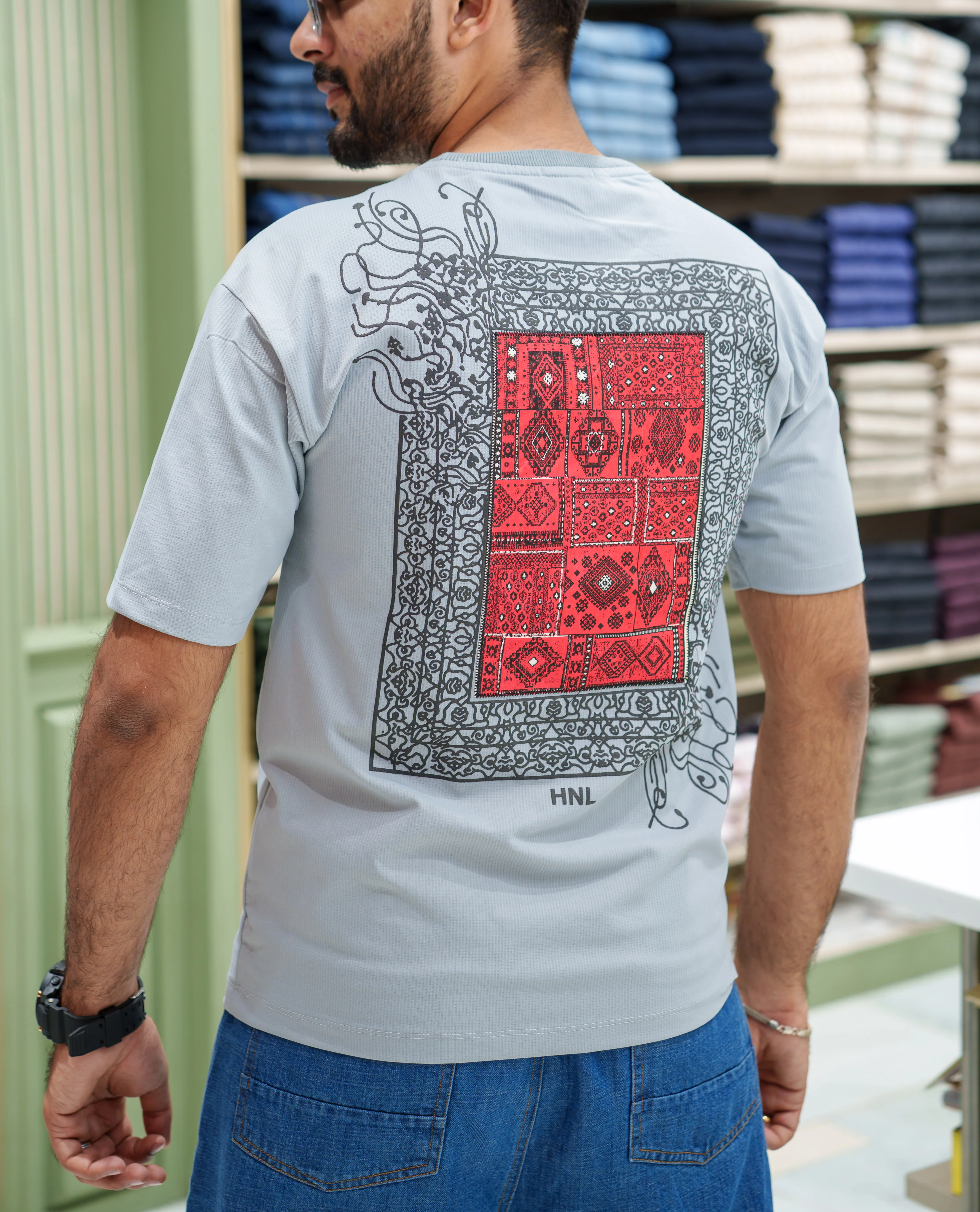 Grey Cotton-Blended T-shirt, Features Unique Back Print, Half-sleeves, Crew Neck, Oversized Fit, and Regular Length - Image 2