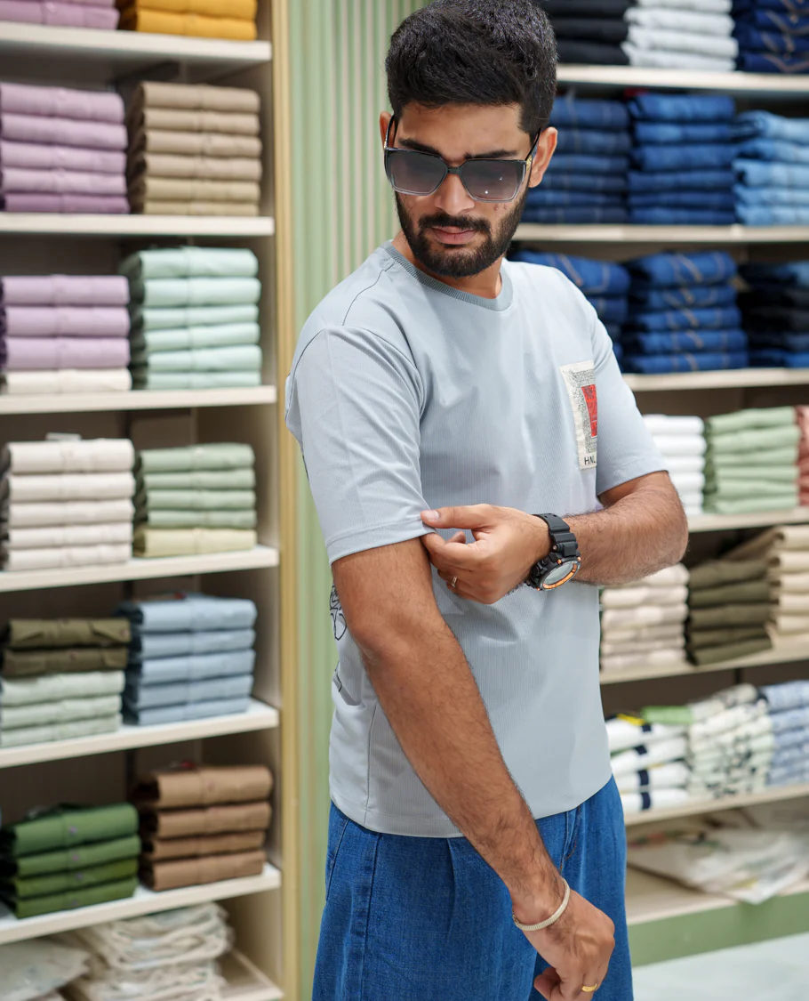 Grey Cotton-Blended T-shirt, Features Unique Back Print, Half-sleeves, Crew Neck, Oversized Fit, and Regular Length - Image 3