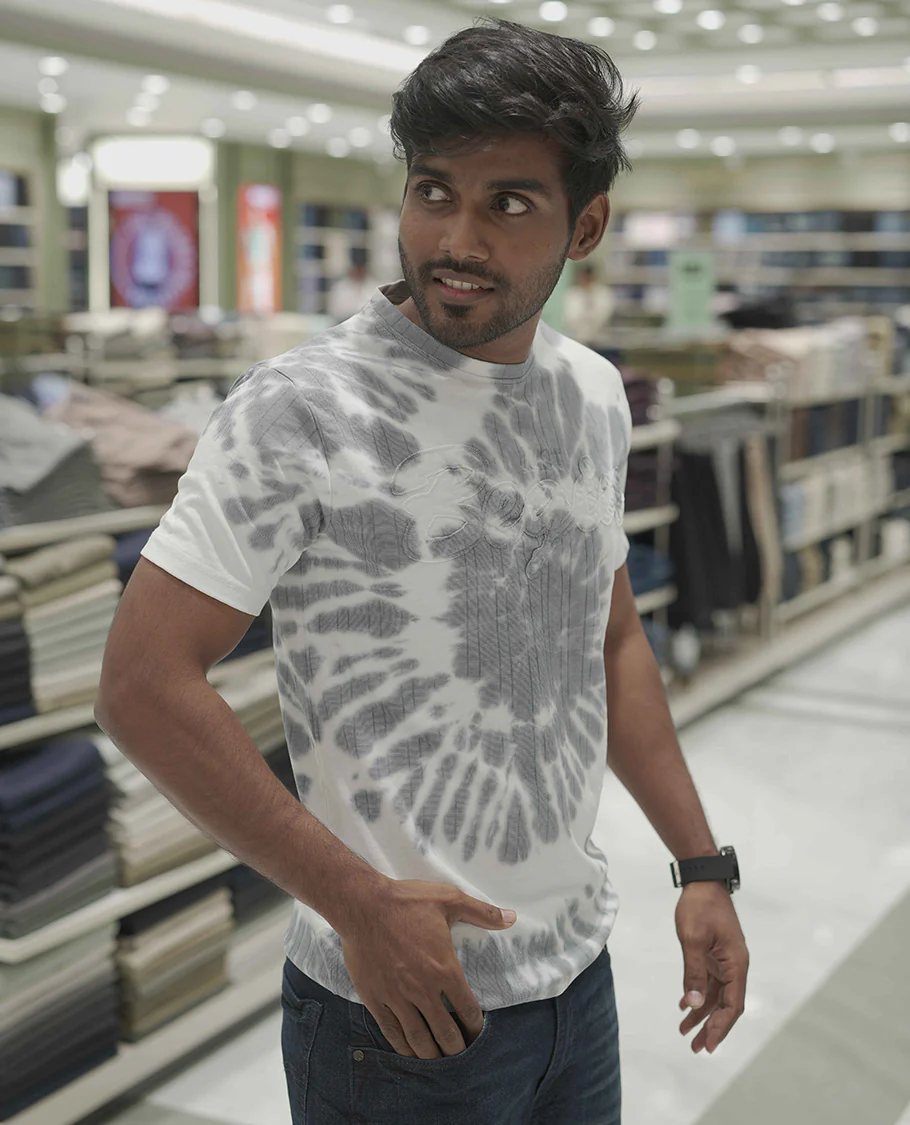 Grey Cotton-Blended T-Shirt, Subtly Designed with Tie-Dye Style Shibori Print, Comes with a Crew-Neck, Half-Sleeves, Slim Fit, and Regular Length - Image 3