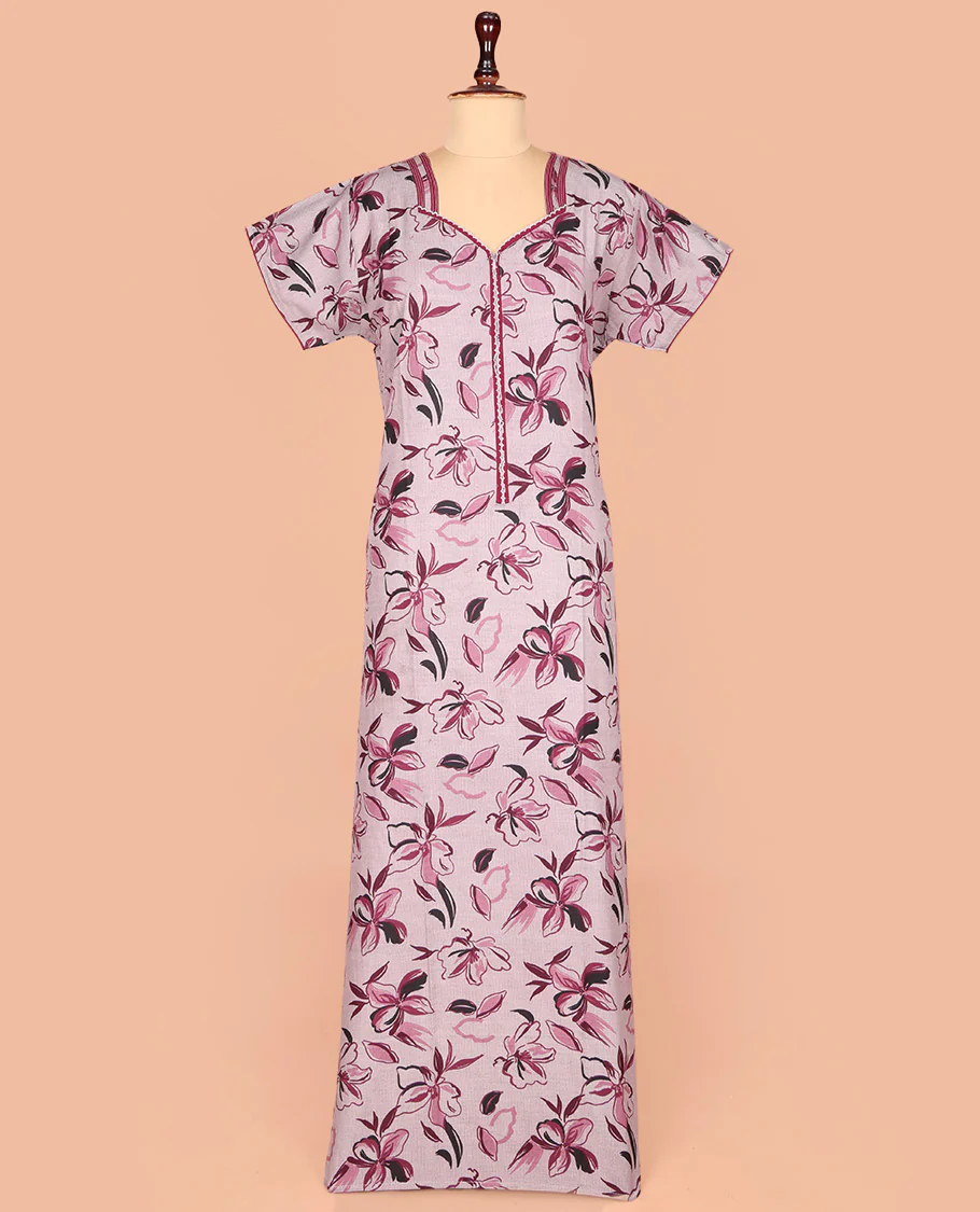 Grey Cotton Nighty Accentuated with Floral Print, Featuring Lace Work, Sweet-Heart-Style Front Neck, and 3/4th Sleeves - Image 2