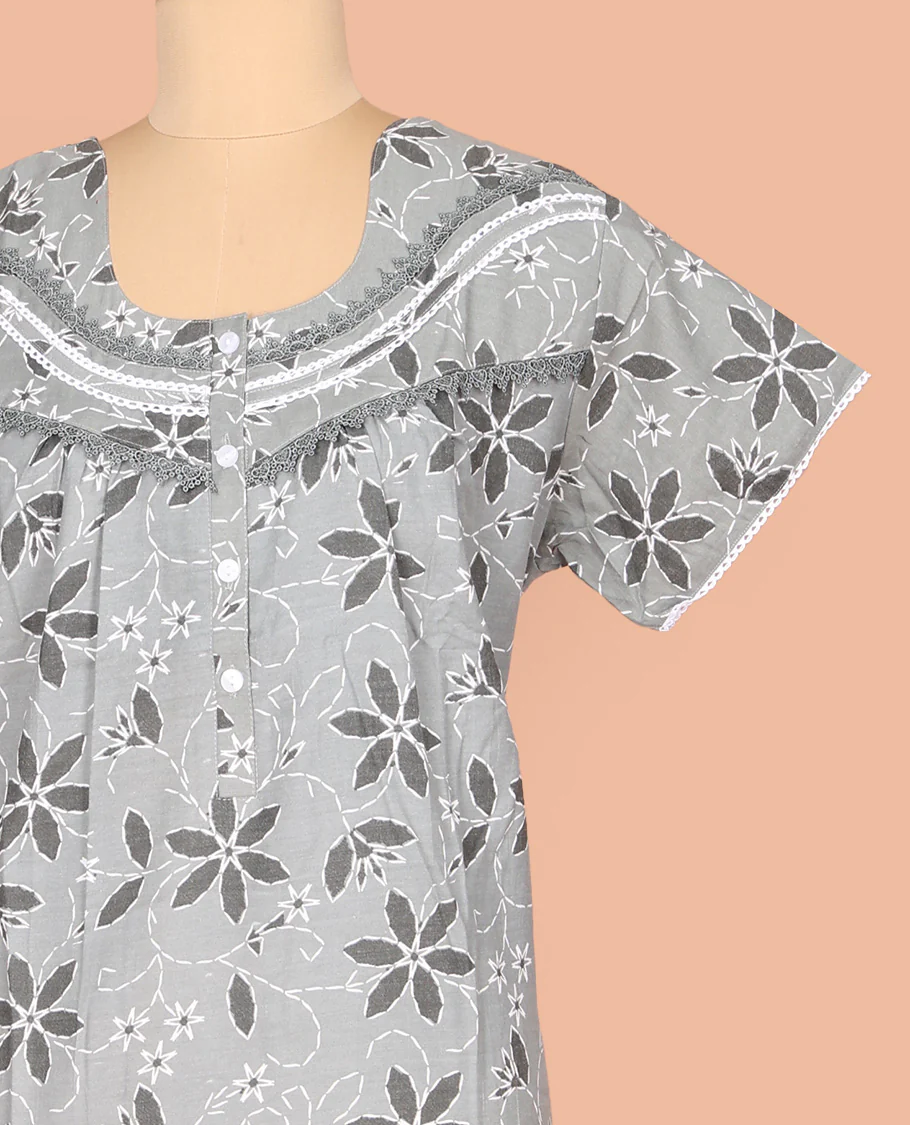 Grey Cotton Nighty Adorned with Floral Print, Featuring Lace Work, Round Front Neck, and Half Sleeves