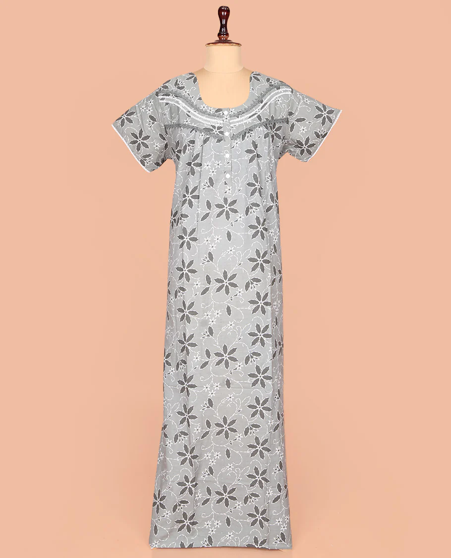 Grey Cotton Nighty Adorned with Floral Print, Featuring Lace Work, Round Front Neck, and Half Sleeves - Image 2