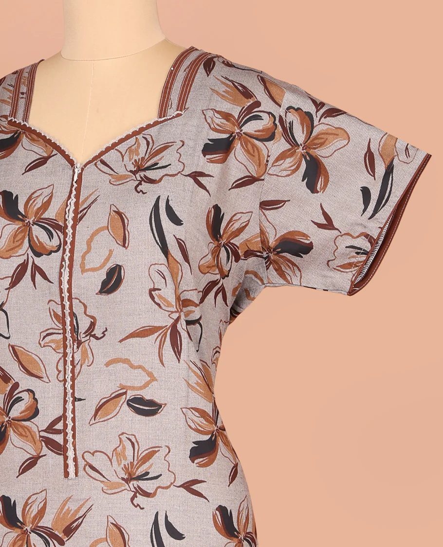 Grey Cotton Nighty Decorated with Floral Print, Featuring Lace Work, Sweetheart Front Neck, and Half  Sleeves
