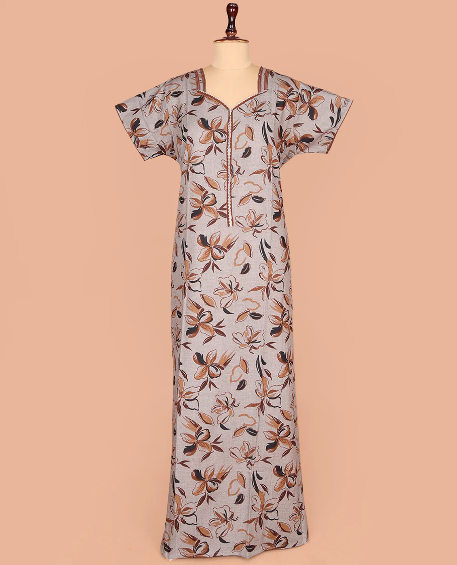 Grey Cotton Nighty Decorated with Floral Print, Featuring Lace Work, Sweetheart Front Neck, and Half  Sleeves - Image 2