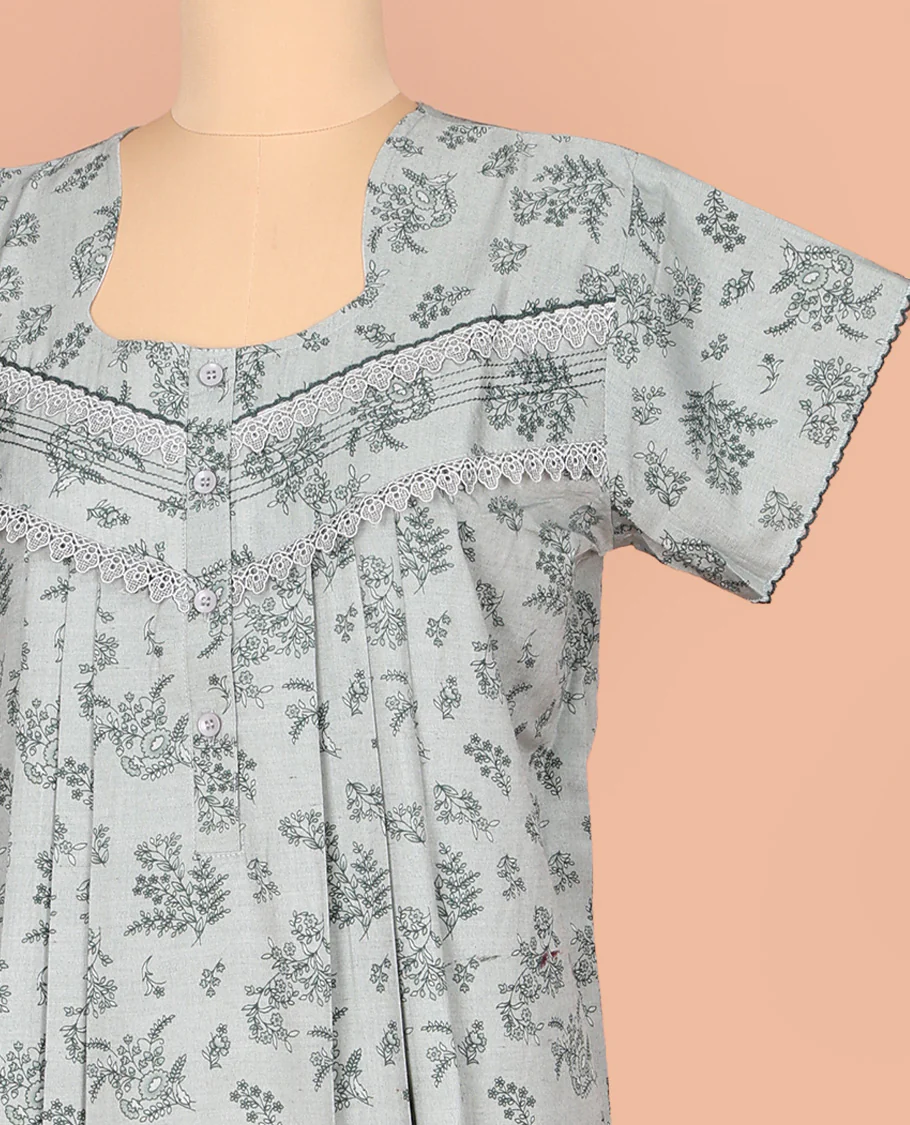 Grey Cotton Nighty Embellished with Floral Print, Featuring Lace Work, Square Front Neck, and Half Sleeves