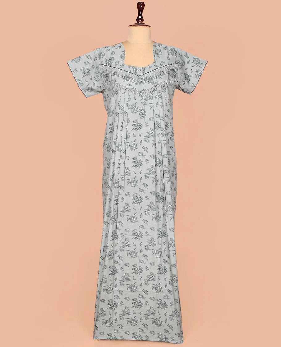 Grey Cotton Nighty Embellished with Floral Print, Featuring Lace Work, Square Front Neck, and Half Sleeves - Image 2