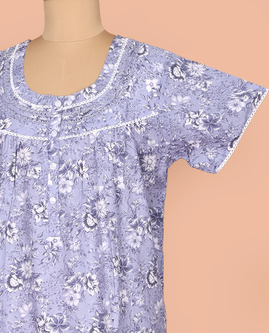 Grey Cotton Nighty Prettified with Floral Print, Featuring Lace Work, Round Front Neck, and Half Sleeves