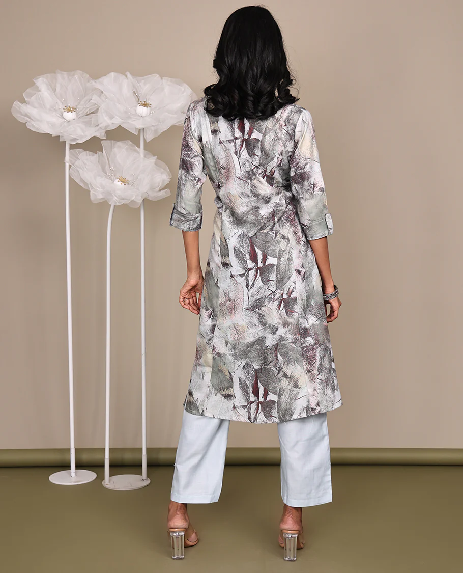 Grey Cotton Ready-Made Suit, Featuring Abstract Prints, a Round Boat Neckline, 3/4 Sleeves, and a Straight-Cut Top, Paired with Straight-Cut Pants - Image 5