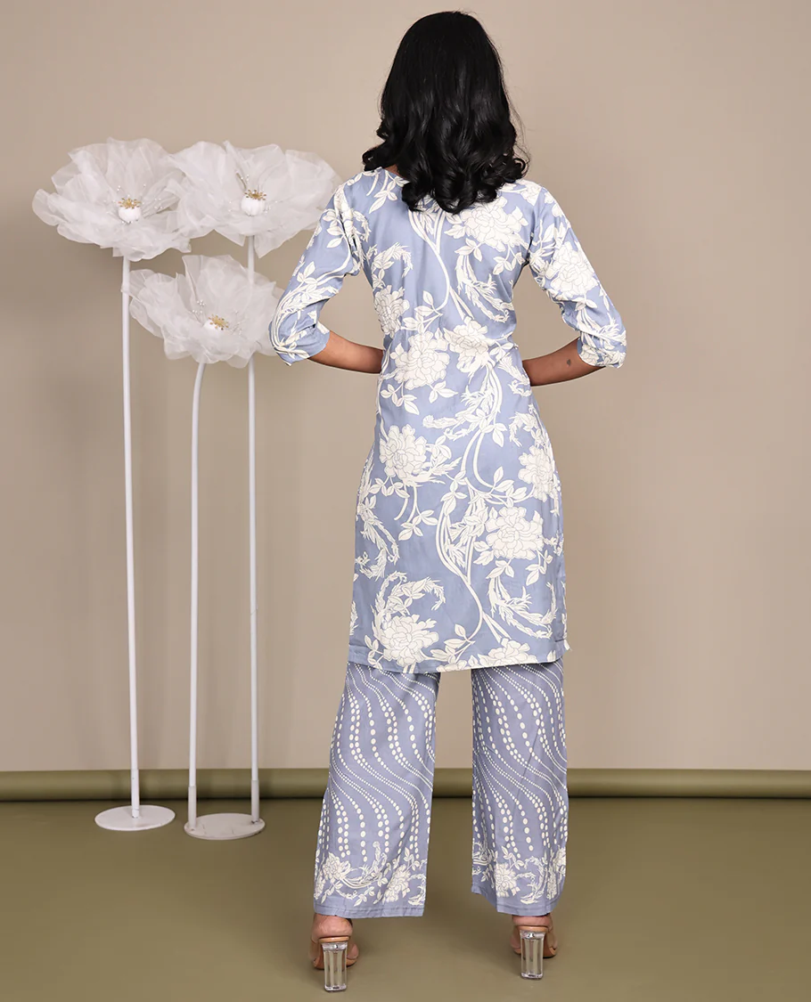 Grey Cotton Ready-Made Suit, Featuring Floral Print, a Round Front Neckline, 3/4 Sleeves, and a Straight-Cut Top, Paired with Geometric Printed Straight-Cut Pants - Image 5
