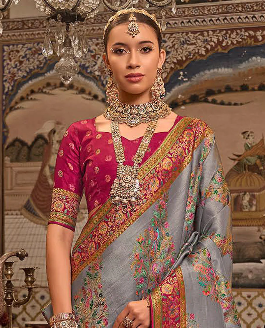 Grey Designer Saree, Gracefully Embellished with Meenakari-Style Floral-Bird Designs All Over Its Body, Complemented by a Contrast Floral Creeper Design Border, Mughal-Style Designed Pallu, and Paired with a Contrast Blouse - Image 2