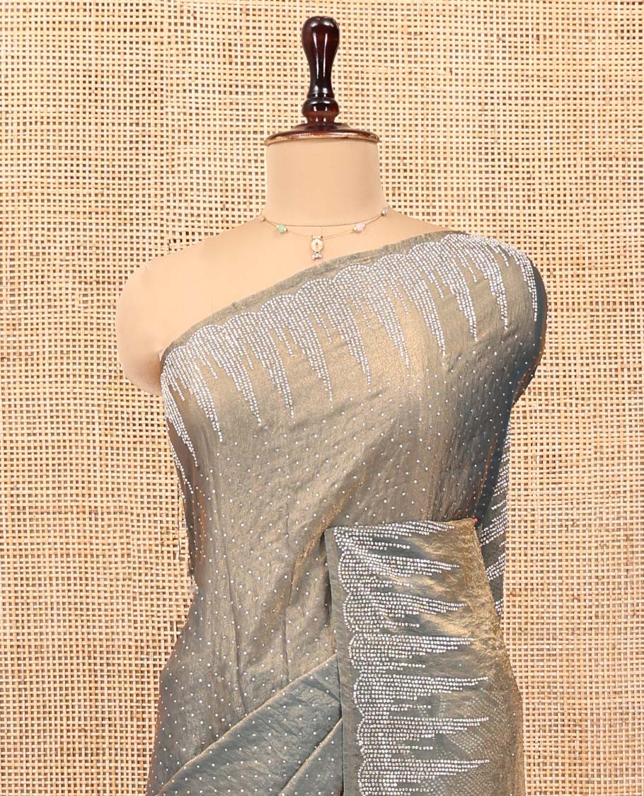 Grey Designer Saree, Steeped with Gleaming Stone Work All Over Its Body, Temple Stone Embroidered Border and Paired with a Matching Blouse - Image 2