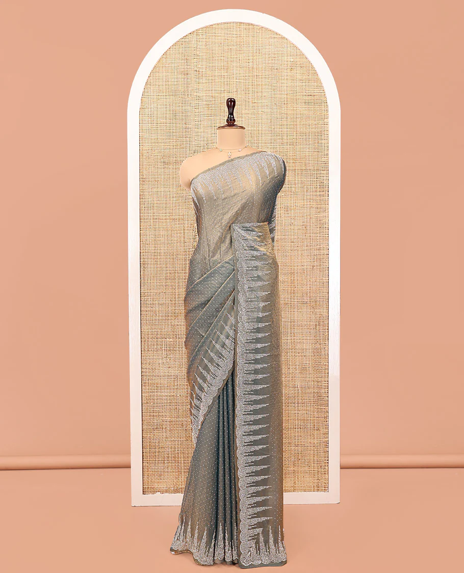 Grey Designer Saree, Steeped with Gleaming Stone Work All Over Its Body, Temple Stone Embroidered Border and Paired with a Matching Blouse - Image 3