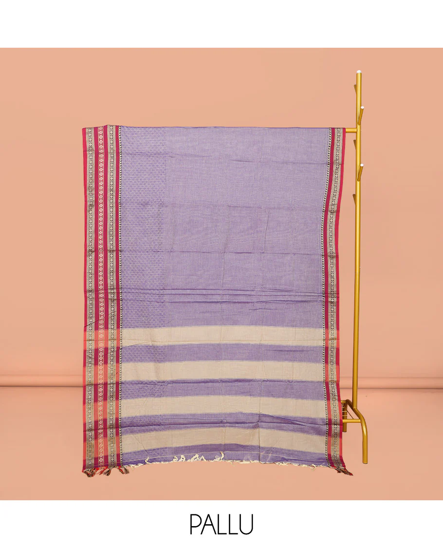 Grey Embossed Narayanpet Cotton Saree, Complemented by a Contrast Traditional Zari Design Border, Striped Pallu, and Comes Without a Blouse - Image 2
