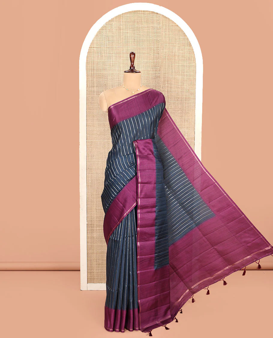 Grey Fancy Tussar Saree, Highlighted by Vertical Zari Stripes Across Its Body, Complemented by Captivating Contrast Geometric Patterned Border, Subtle Pallu and Paired with a Contrast Blouse - Image 3