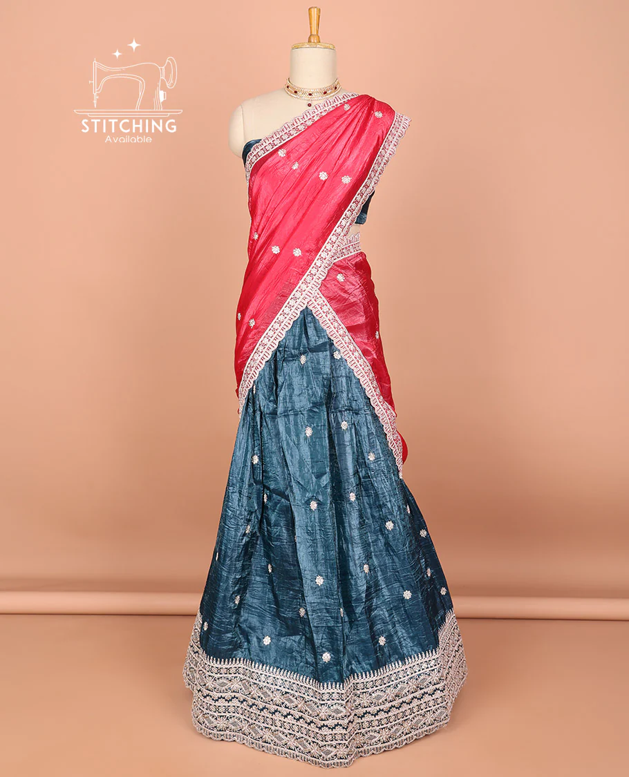 Grey floral buttas embroidered half saree with self embroidered border, floral buttas blouse & floral buttas , scallop border dhavani