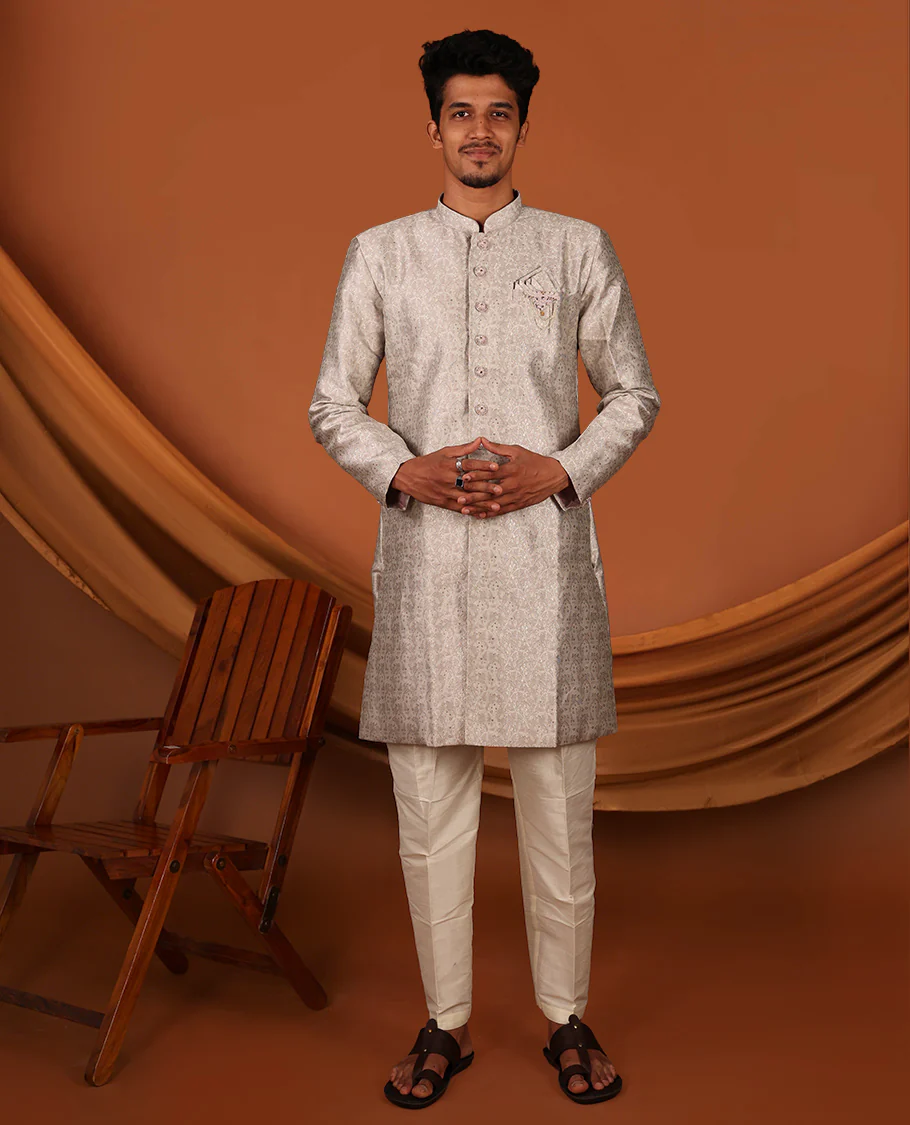 Grey Floral Embossed Full-Sleeved Men's Kurta