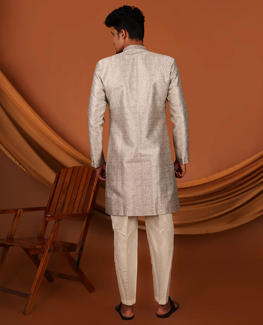 Grey Floral Embossed Full-Sleeved Men's Kurta - Image 6