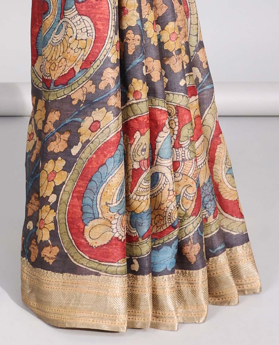 Grey floral, human design handpainted pen kalamkari silk saree with contrast plain border & striped pallu - Image 4