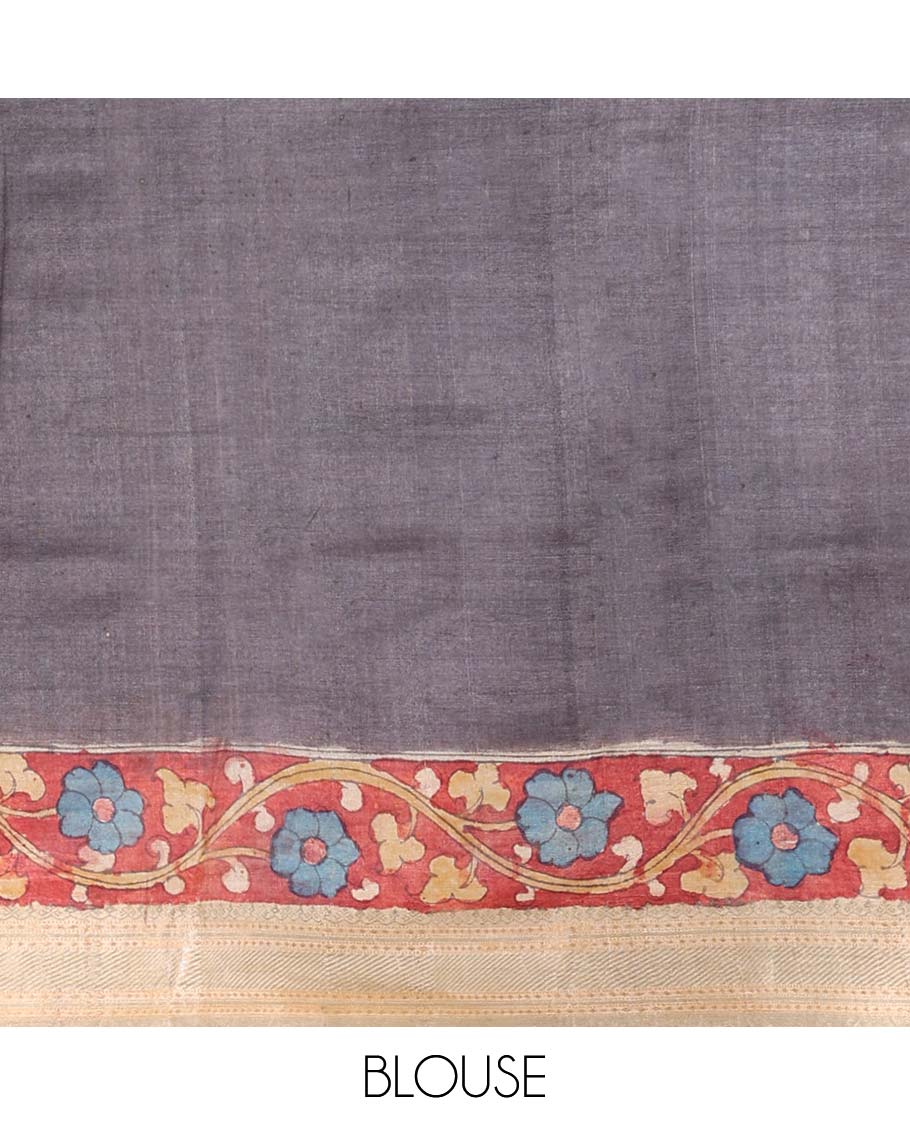 Grey floral, human design handpainted pen kalamkari silk saree with contrast plain border & striped pallu - Image 5