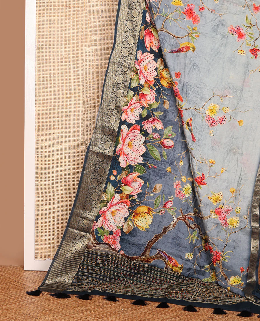 Grey floral printed with French knot embroidered dola silk saree, contrast traditional zari design border & French knot thread embroidered pallu - Image 2