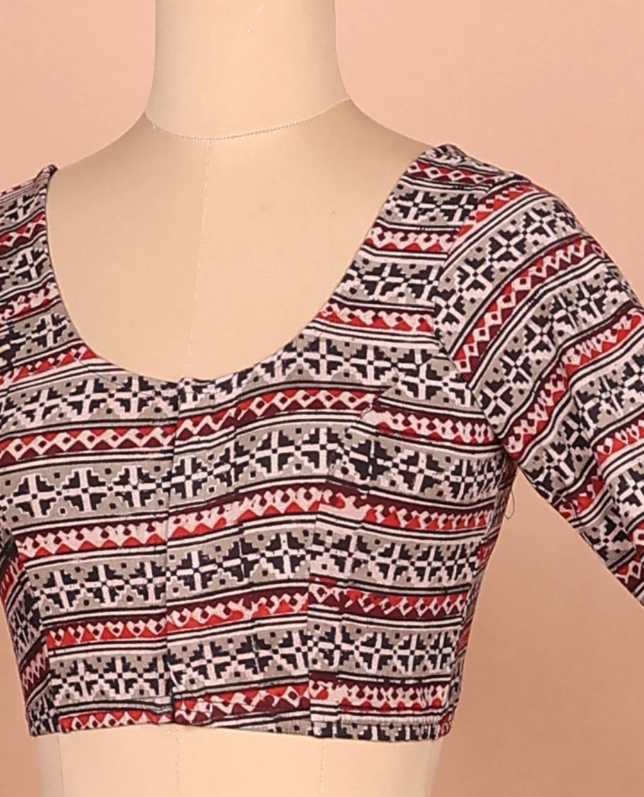 Grey geometric patterns printed front-back round neck full sleeve cotton readymade blouse - Image 3