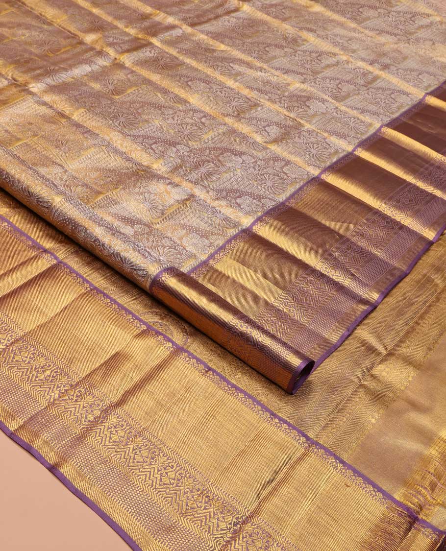 Grey-Gold Kanchipuram Tissue Silk Saree, Richly Detailed with Jacquard Design On Its Body, Complemented by Contrast Traditional Zari Designs Woven Border, Grandly Zari Designed Pallu and Paired with a Contrast Blouse - Image 2