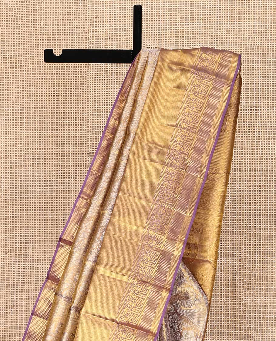 Grey-Gold Kanchipuram Tissue Silk Saree, Richly Detailed with Jacquard Design On Its Body, Complemented by Contrast Traditional Zari Designs Woven Border, Grandly Zari Designed Pallu and Paired with a Contrast Blouse - Image 3
