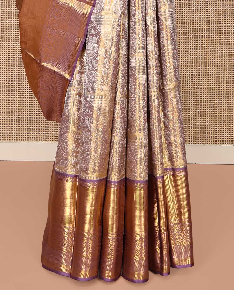 Grey-Gold Kanchipuram Tissue Silk Saree, Richly Detailed with Jacquard Design On Its Body, Complemented by Contrast Traditional Zari Designs Woven Border, Grandly Zari Designed Pallu and Paired with a Contrast Blouse - Image 4
