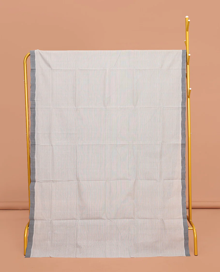 Grey Heathered Textured Mangalgiri Cotton Saree, Complemented by Contrast Border, Striped Pallu, and Paired with a Contrast Blouse