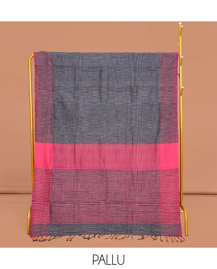 Grey Heathered Textured Mangalgiri Cotton Saree, Complemented by Contrast Heathered Textured Border, Striped Pallu and Paired with a Contrast Blouse - Image 2