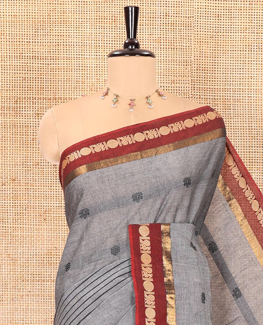 Grey horizontal stripes and velthari thread butta design chettinad cotton saree , contrast peacock , rudraksham border and lining chit pallu - Image 2