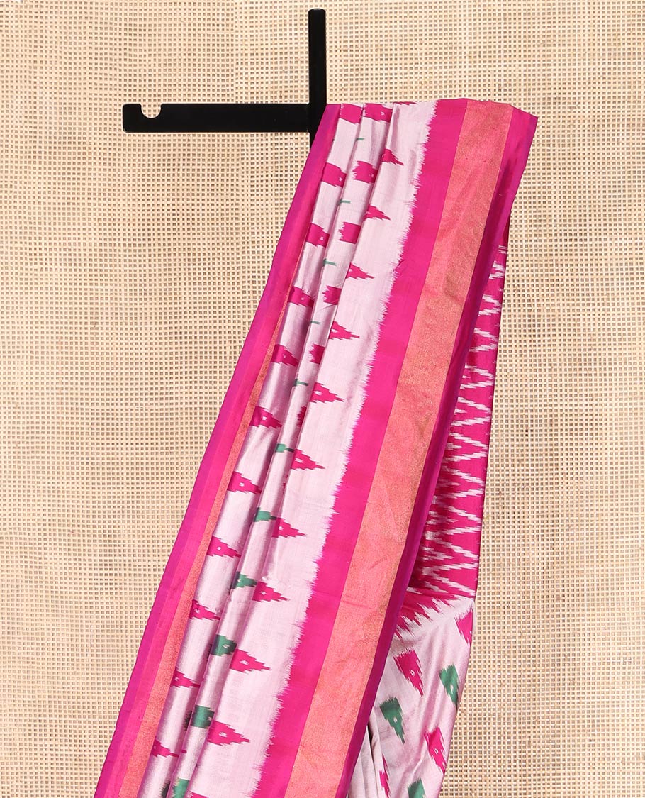 Grey Ikkat Silk Saree, Adorned with Temple Buttas All Over Its Body, Complemented by a Contrast Temple Border, Pallu of Butta Enclosed Jaal Designs, and Paired with a Contrast Blouse - Image 3