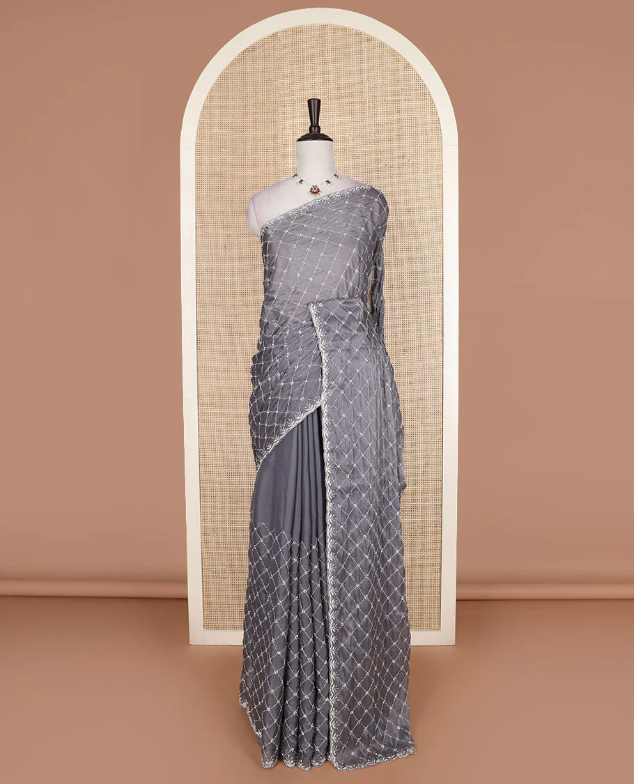 Grey jaal kardana embroidered designer saree, stone embroidered scallop border - Image 2
