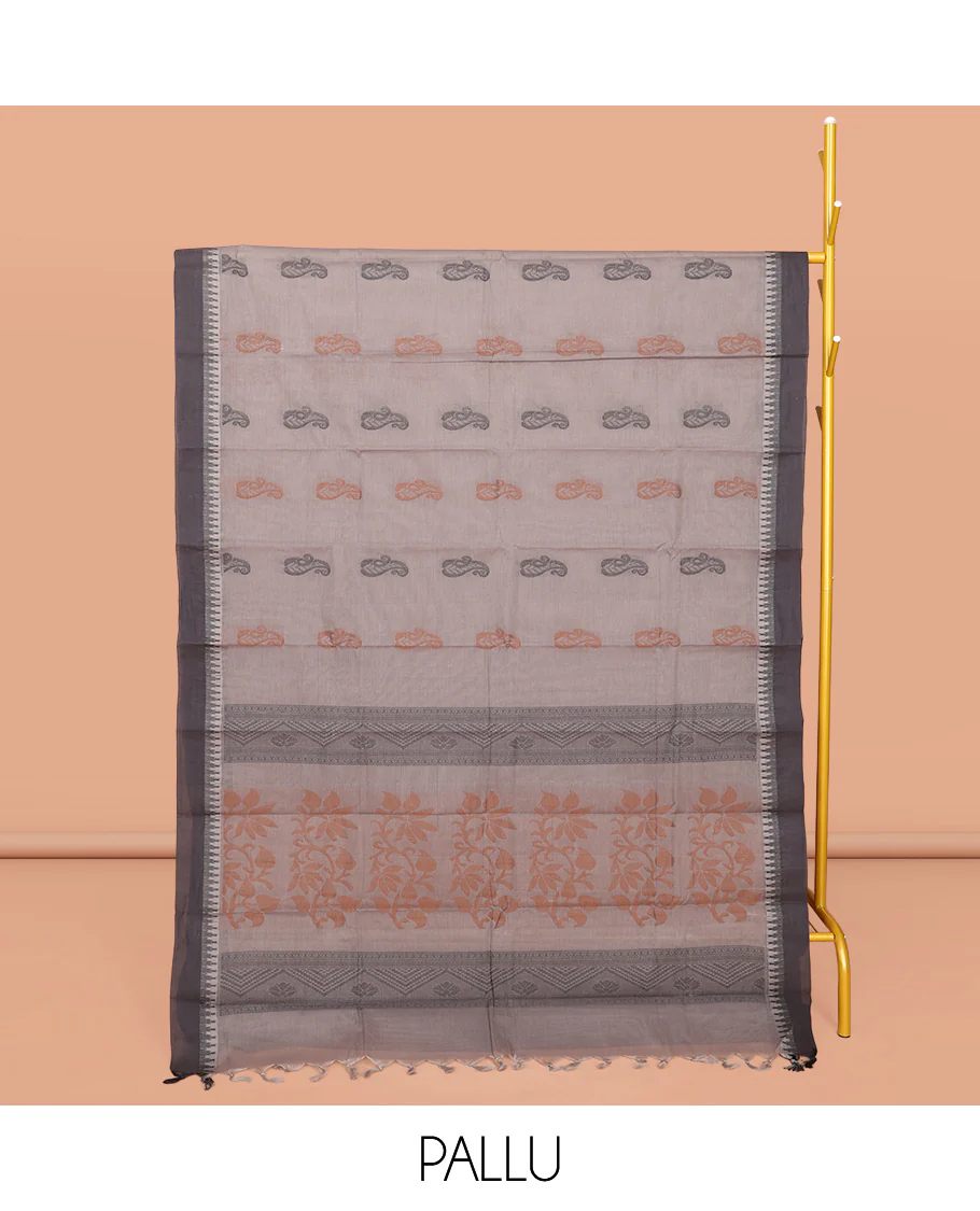 Grey Kanchi Cotton Saree, Adorned with Buttas All Over Its Body, Complemented by a Contrast Temple Border, Pallu of Floral and Geometric Design, and Paired with Matching Blouse - Image 2