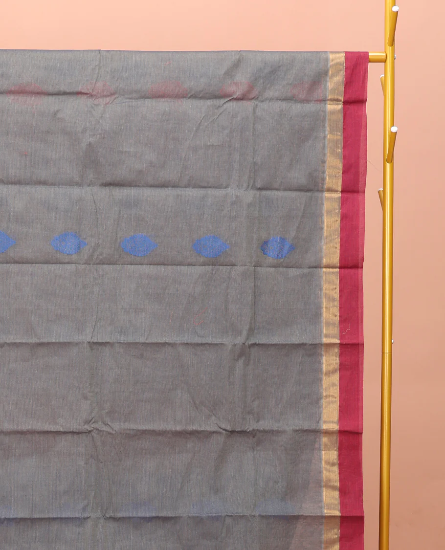 Grey Kanchi Cotton Saree, Adorned with Thread Buttas on Its Body, Complemented by a Contrast Border, Delicately Woven Pallu, and a Matching Blouse - Image 2