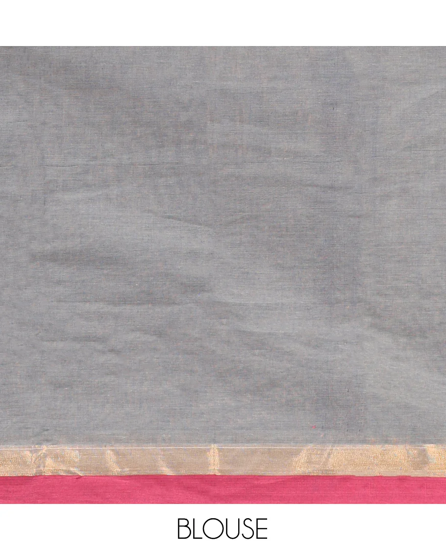 Grey Kanchi Cotton Saree, Adorned with Thread Buttas on Its Body, Complemented by a Contrast Border, Delicately Woven Pallu, and a Matching Blouse - Image 4