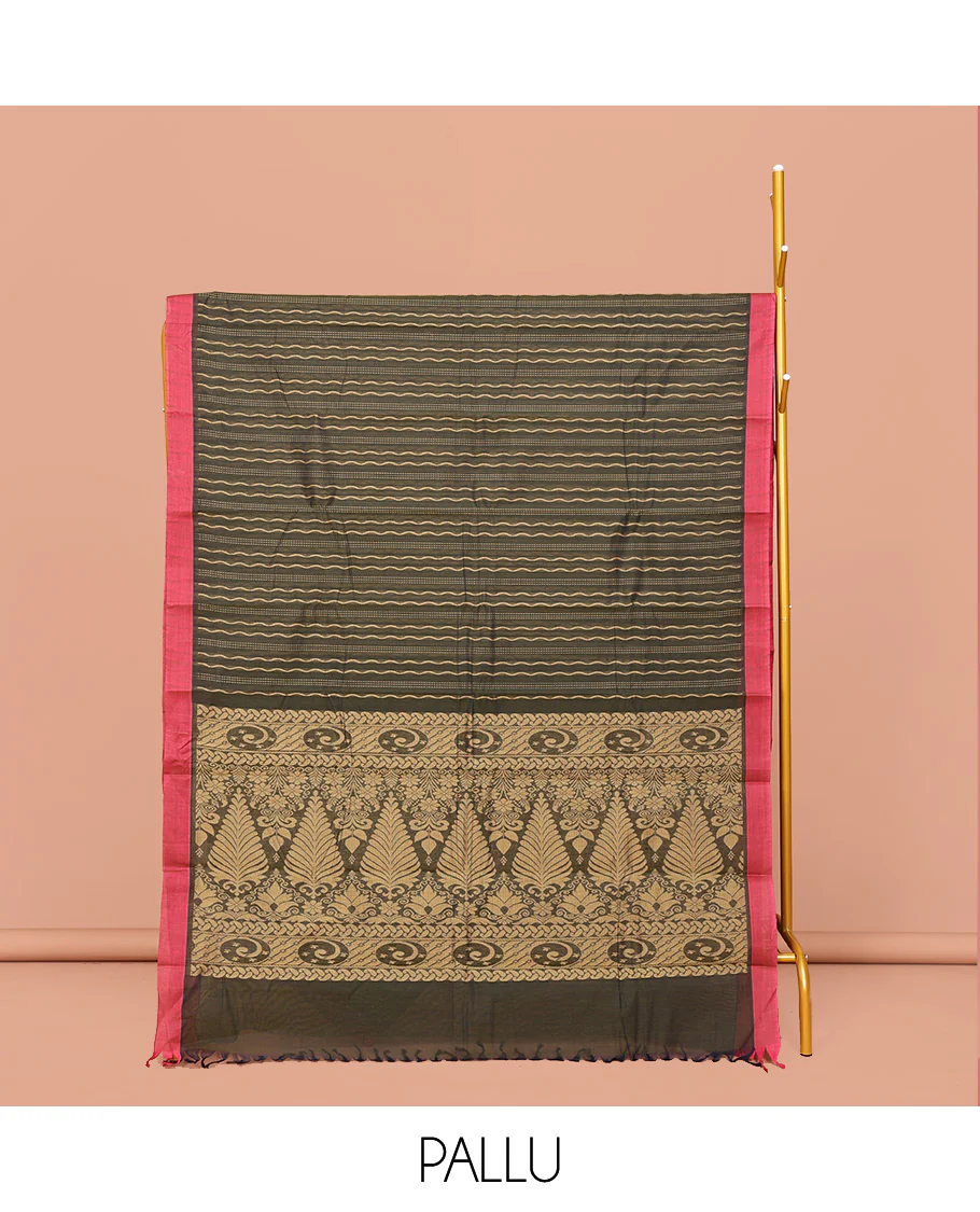 Grey Kanchi Cotton Saree, Adorned with Zig-Zag Stripes All Over Its Body, Complemented by Contrast Border, Intricate Pallu and Paired with a Matching Blouse - Image 2