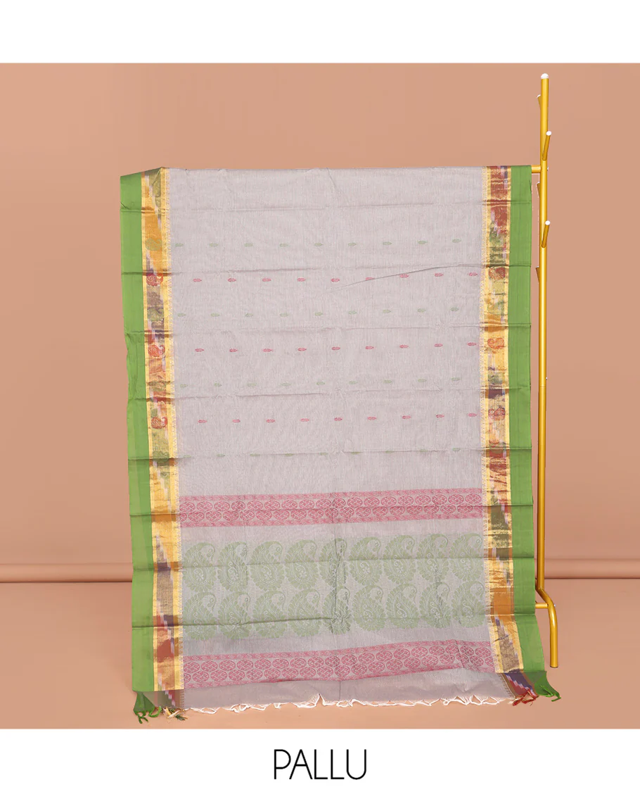 Grey Kanchi Cotton Saree, Decorated with Buttas All Over Its Body, Complemented by a Contrast Ikkat Border, Pallu of Paisley and Circle Designs, and Paired with a Matching Blouse - Image 2