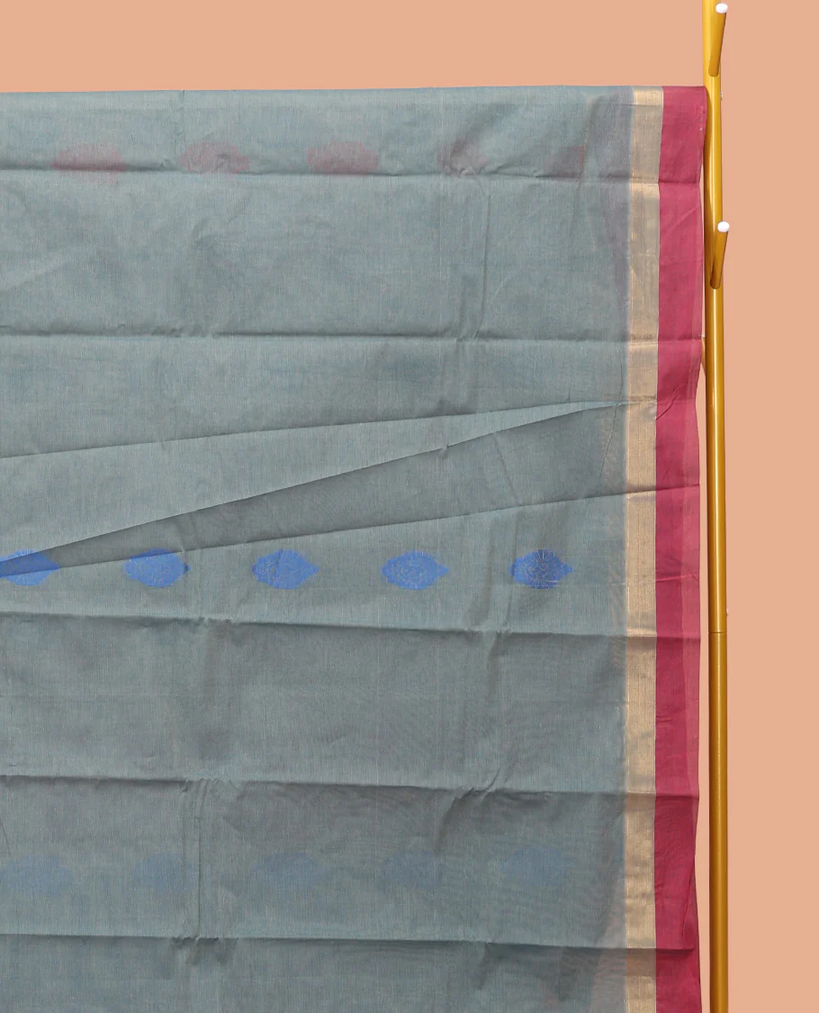 Grey Kanchi Cotton Saree, Decorated with Thread Buttas, Contrast Border, Pallu of Thread Weave, and a Matching Blouse - Image 2