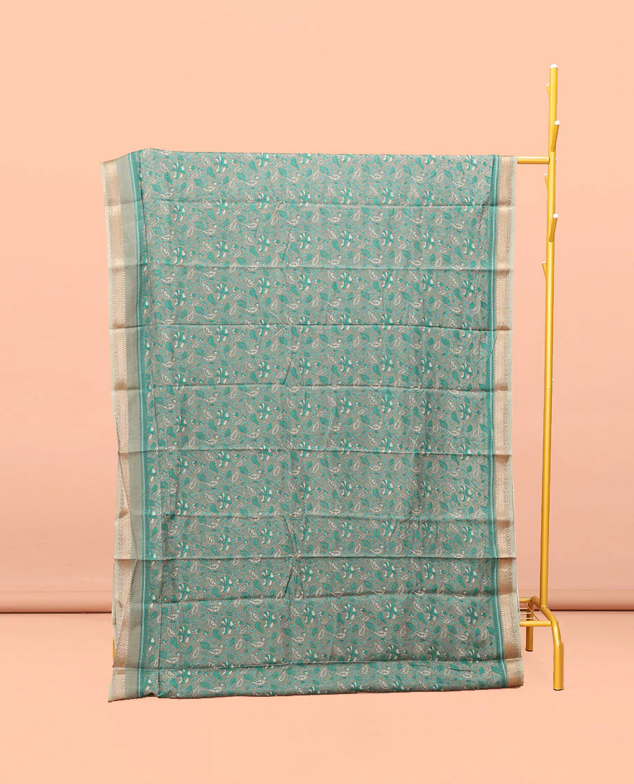 Grey Kanchi Cotton Saree, Embellished with Floral Print All Over Its Body, Complemented by Contrast Traditional Border, Pallu of Floral Designs, and Paired with a Matching Blouse