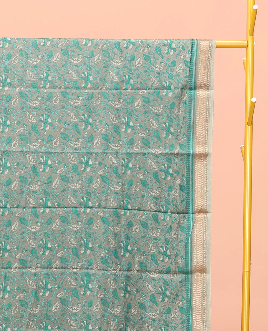 Grey Kanchi Cotton Saree, Embellished with Floral Print All Over Its Body, Complemented by Contrast Traditional Border, Pallu of Floral Designs, and Paired with a Matching Blouse - Image 2