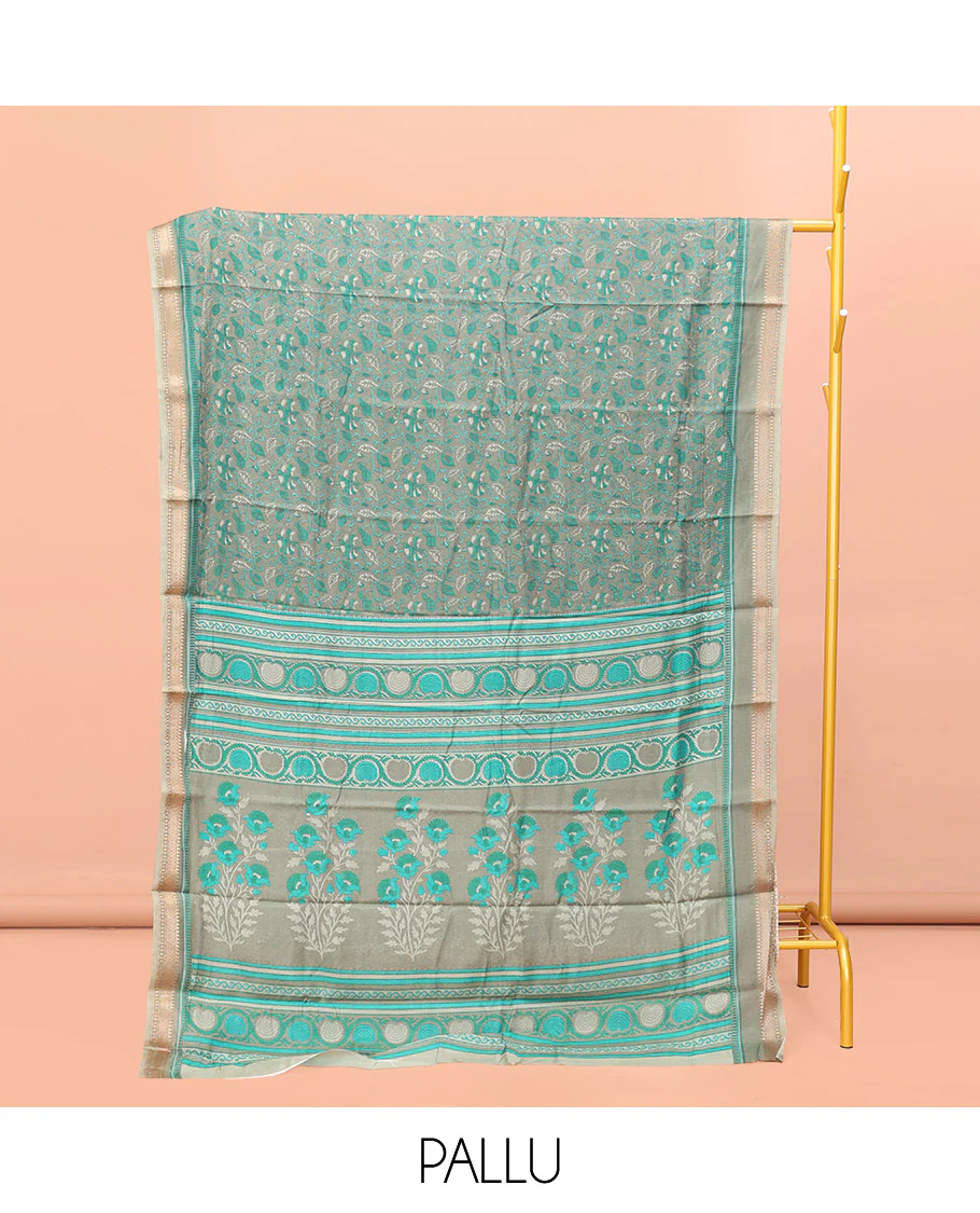 Grey Kanchi Cotton Saree, Embellished with Floral Print All Over Its Body, Complemented by Contrast Traditional Border, Pallu of Floral Designs, and Paired with a Matching Blouse - Image 3